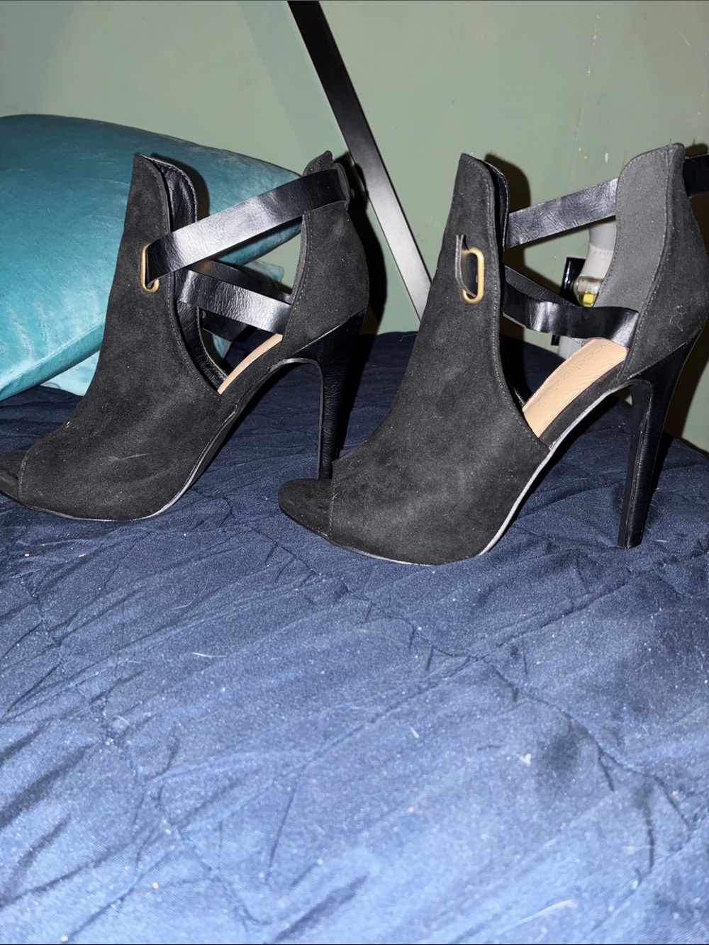 Shoe Dazzle Black Suede Cutout Strappy High Heel Booties
